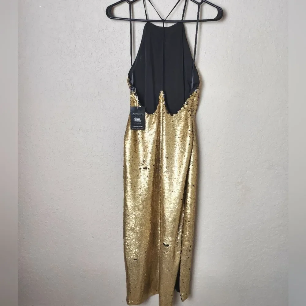 NBD x Revolve Sequin Halter Style Midi Dress Gold Size S NWT